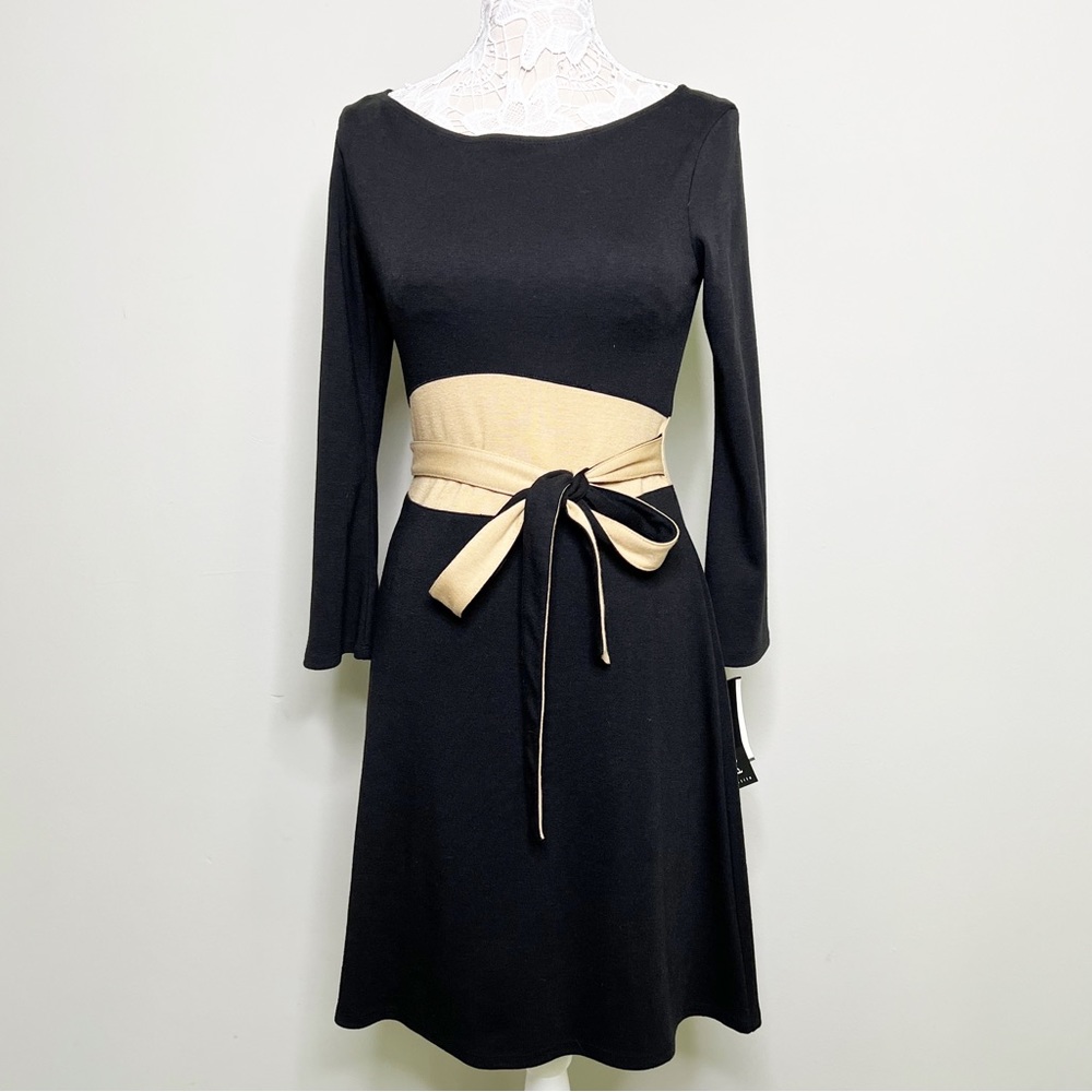 New Connected Petite Color Block Fit & Flare Belted Dress